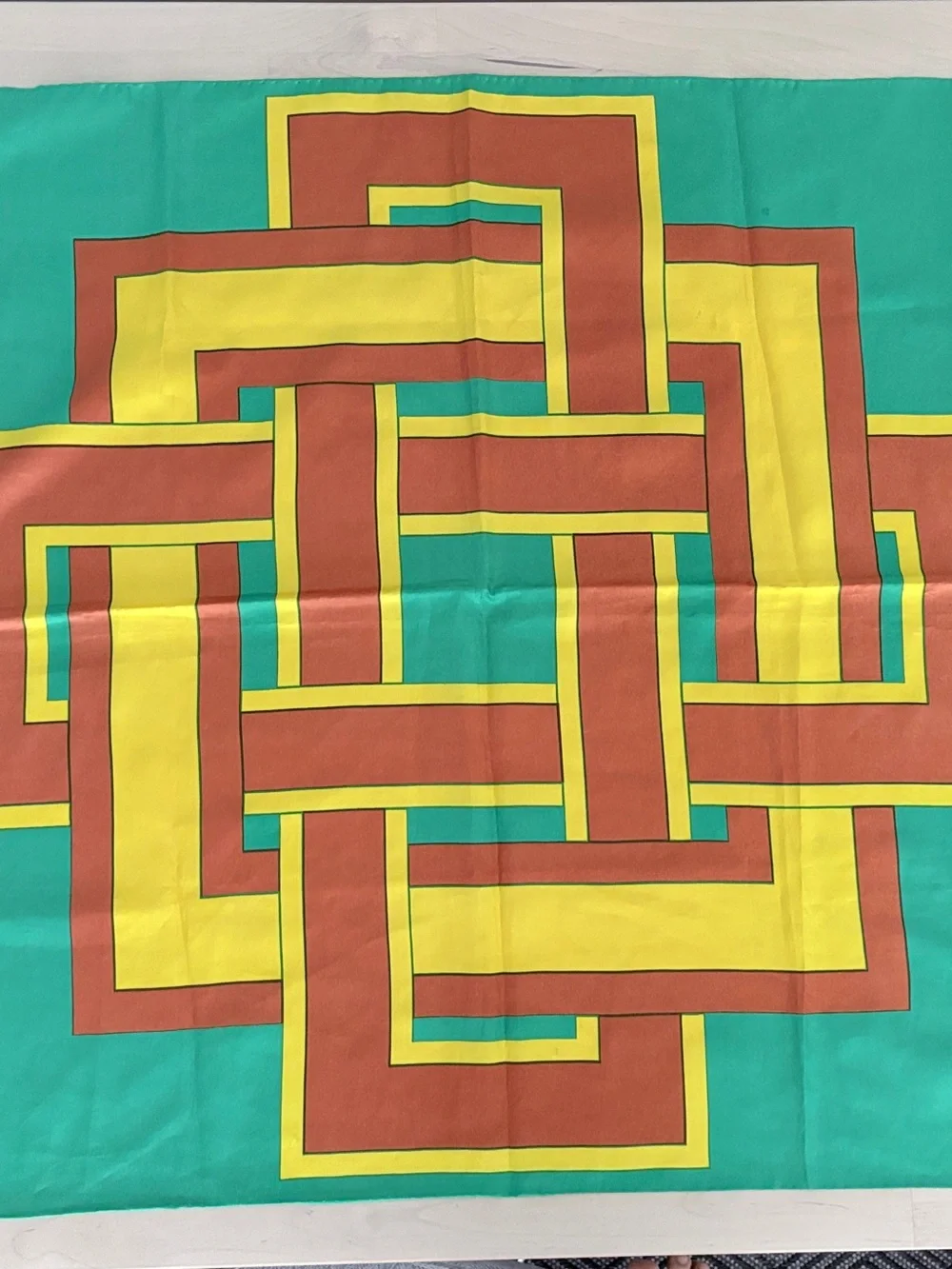Silk Geometric Interlock Scarf in Teal, Mustard & Rust